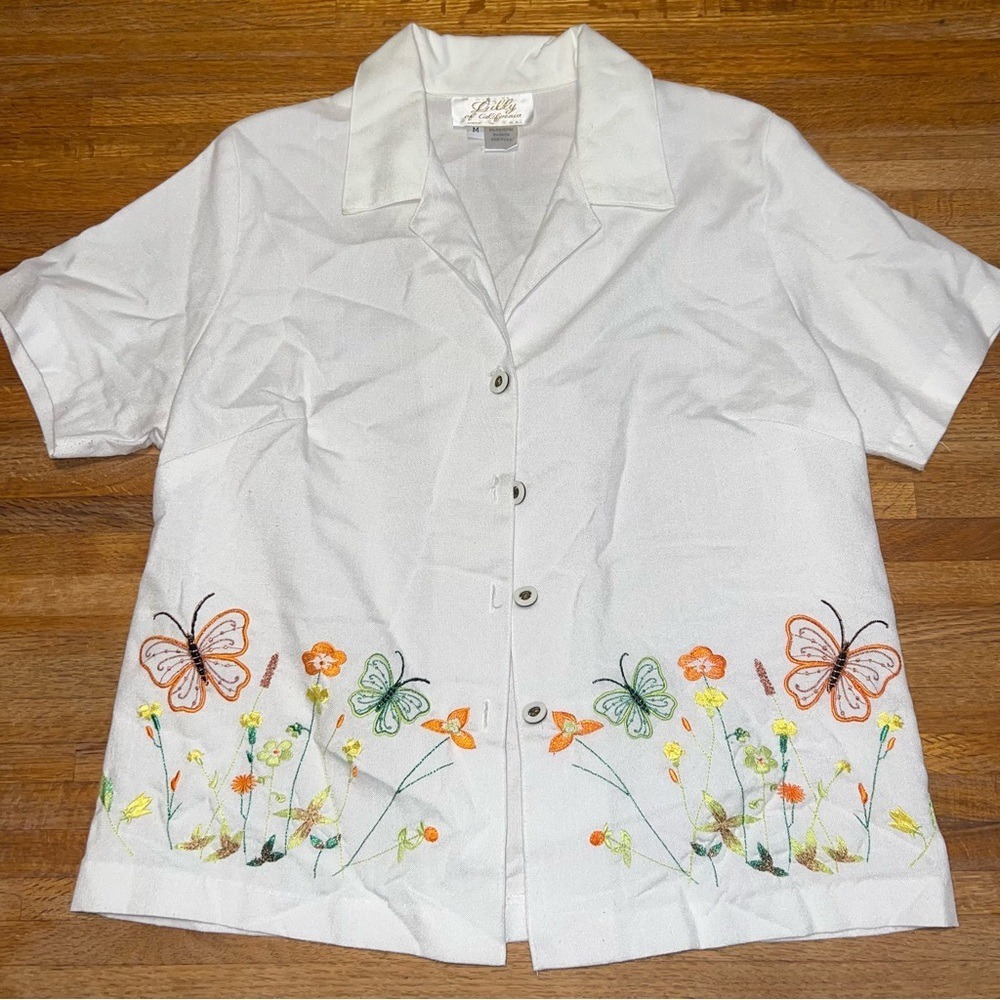 Lilly of California Women Medium White Button-Up Collar Floral Embroidered Shirt